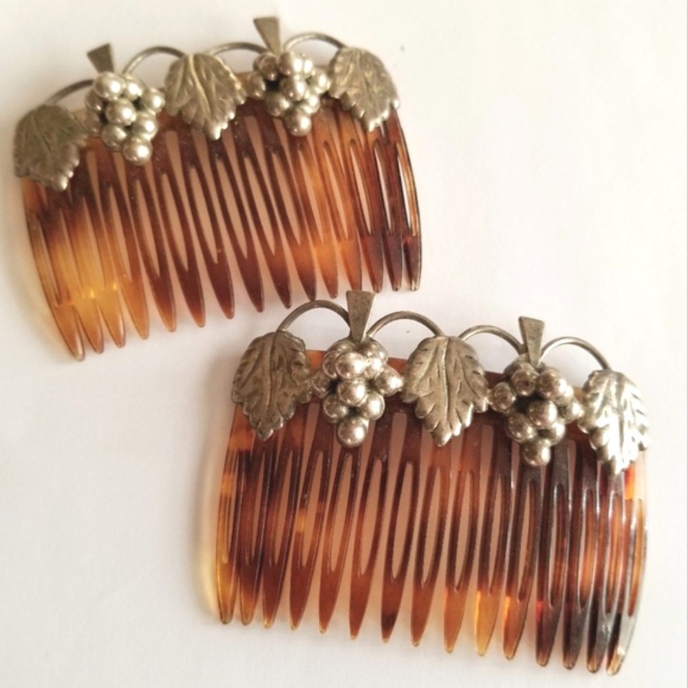 Vintage combs set of 2 silver grape hair made in France brown plastic French